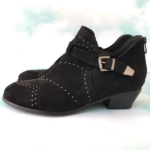 JG Shoes - JG Faux Suede Studded Black Buckle Booties
